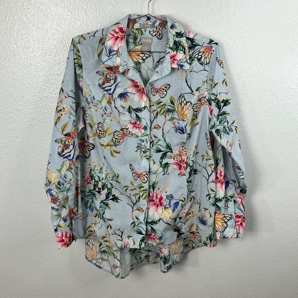 Chicos Butterfly Floral Button Up Shirt Size 2/L Pastel Blue Spring Easter Fairy - Picture 1 of 10